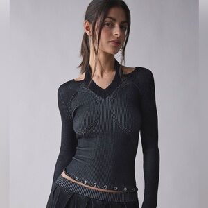 FANG NYC x UO Ribbed Long Sleeve Halter Top Black Eyelet Trim Y2K Grunge Small